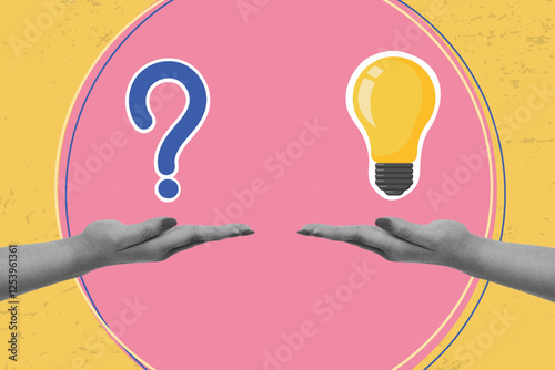 trendy  collage poster magazine of two human arms hold lamb question mark choice dilemma solution answer isolated on drawing background