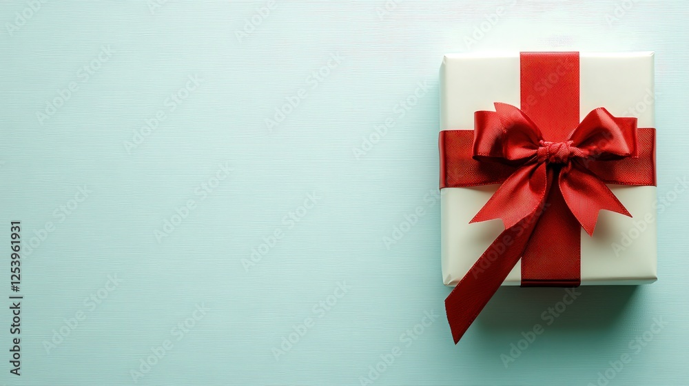 A Single White Gift Box With A Red Ribbon Bow A Single White Gift Box With A Red Ribbon Bow