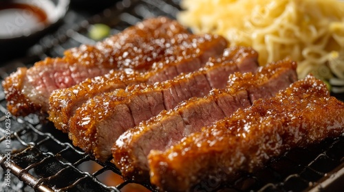 A close-up of a sizzling gyukatsu steak on a wire rack, resting before being sliced into strips. photo