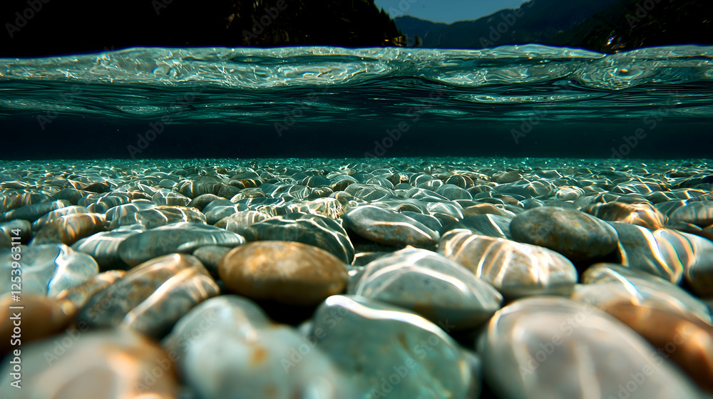 Underwater River Rocks, Mountain Background, Nature Scene Underwater River Rocks, Mountain Background, Nature Scene