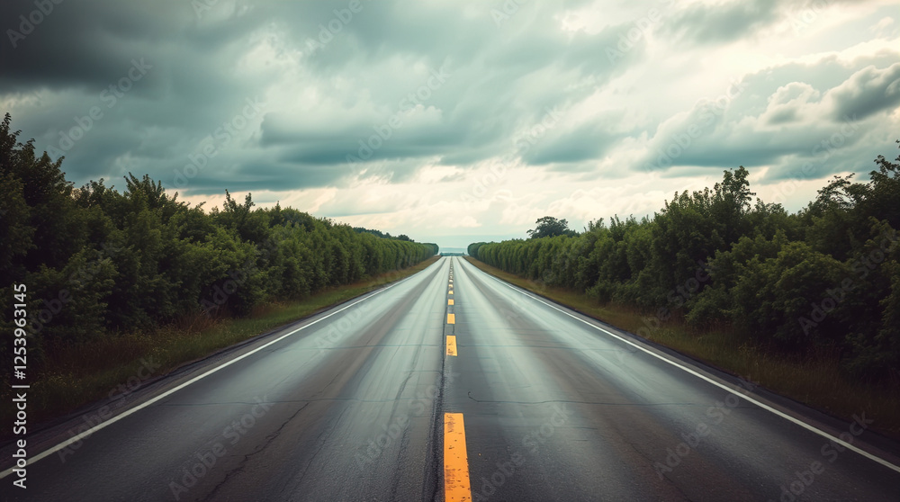 Naklejka premium long road going into the distance surrounded by greenery on both sides. way forward under the sky.