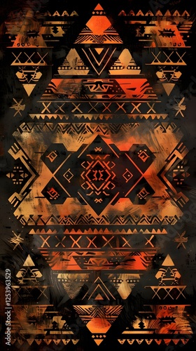 Tribal Tapestry: An intricate geometric pattern in a vibrant orange and black color scheme evokes the spirit of ancient traditions and tribal heritage.