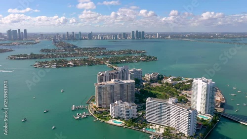 MIAMI, UNITED STATES - FEBRUARY 8, 2025: Aerial view of luxurious waterfront properties and vibrant skyline in Miamis Biscayne Bay