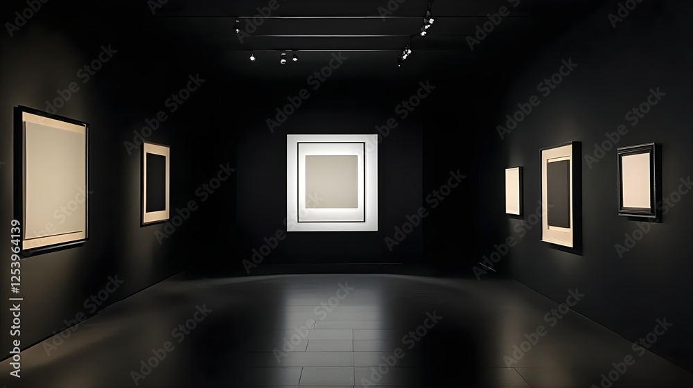 A dramatic black-walled gallery with a single illuminated white frame. A dramatic black-walled gallery with a single illuminated white frame.