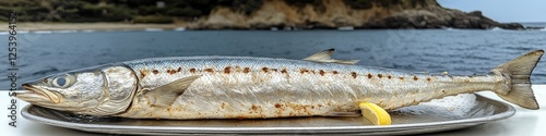 Grilled Barracuda Fish with Lemon on Plate by Ocean, Island Background, Fresh Seafood Dining Experience, Exotic Culinary Delight, Coastal Outdoor Cuisine