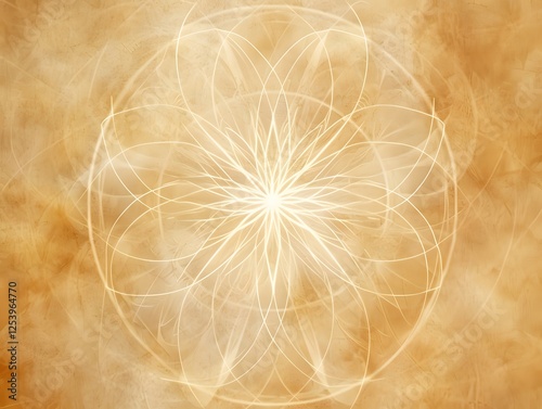 Golden Mandala of Light: A radiant, ethereal mandala glows with a soft, golden light, creating a serene and spiritually evocative image. The intricate design radiates peace and harmony.  photo