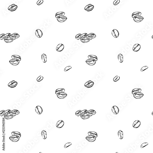 Black and white seamless pattern featuring hand-drawn coffee beans scattered across a white background, perfect for textiles, wallpapers, and packaging.