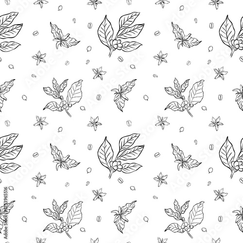 A seamless black and white pattern featuring hand-drawn coffee plant branches, beans, and flowers, perfect for packaging, textiles, and wallpapers.