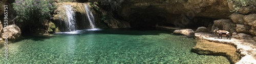 Breathtaking Natural Waterfall and Crystal Clear Pool in Lush Forest Surrounded by Rocks and Sunlight - Idyllic Nature Retreat and Scenic Oasis Landscape