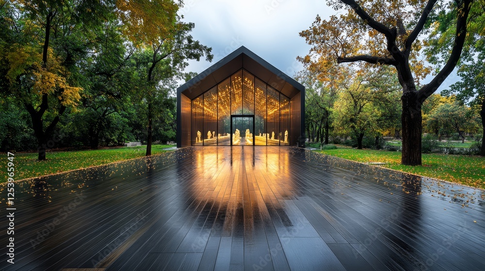 Fototapeta premium Modern architectural structure amid colorful autumn trees reflecting on the wet wooden pathway in a tranquil natural setting, featuring a serene atmosphere and artistic elements
