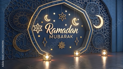 Ramadan Kareem translate generous Ramadan Background with Mosque and hanging lantern lamp for Muslim Community Celebration.
