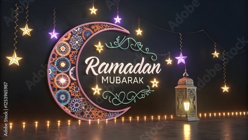 Ramadan Kareem translate generous Ramadan Background with Mosque and hanging lantern lamp for Muslim Community Celebration.