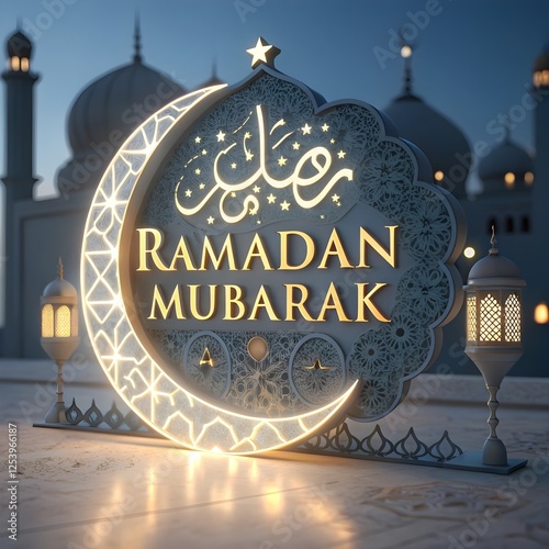 Ramadan Kareem translate generous Ramadan Background with Mosque and hanging lantern lamp for Muslim Community Celebration.