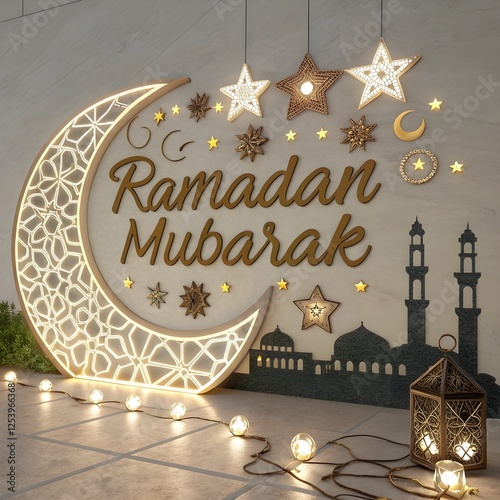 Ramadan Kareem translate generous Ramadan Background with Mosque and hanging lantern lamp for Muslim Community Celebration.