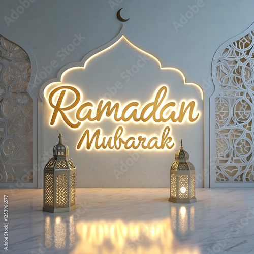 Ramadan Kareem translate generous Ramadan Background with Mosque and hanging lantern lamp for Muslim Community Celebration.