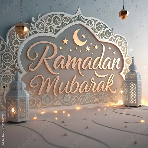 Ramadan Kareem translate generous Ramadan Background with Mosque and hanging lantern lamp for Muslim Community Celebration.