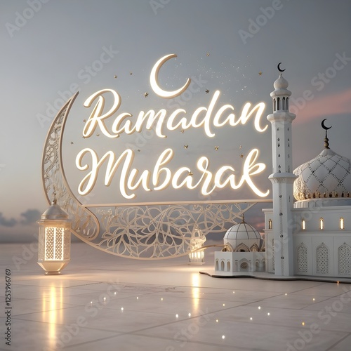 Ramadan Kareem translate generous Ramadan Background with Mosque and hanging lantern lamp for Muslim Community Celebration.