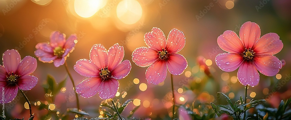 Fototapeta premium Dew-kissed pink flowers sunset garden bokeh romantic card