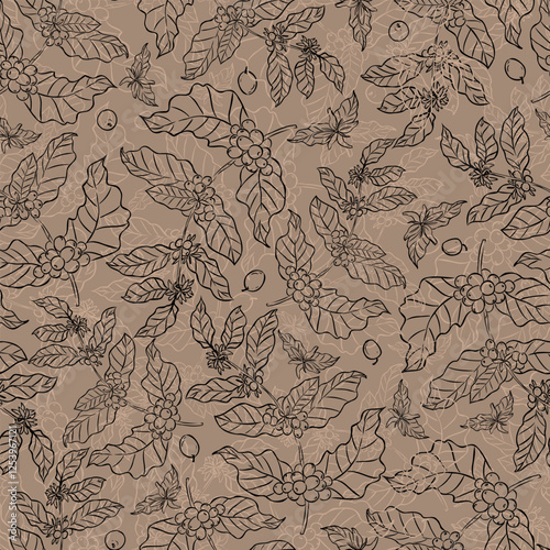 A seamless pattern featuring hand-drawn coffee plant branches, beans, and flowers on a brown background, ideal for packaging, textiles, and wallpapers.