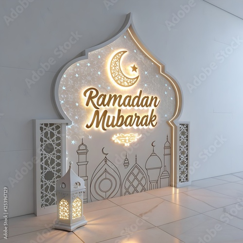 Ramadan Kareem translate generous Ramadan Background with Mosque and hanging lantern lamp for Muslim Community Celebration.
