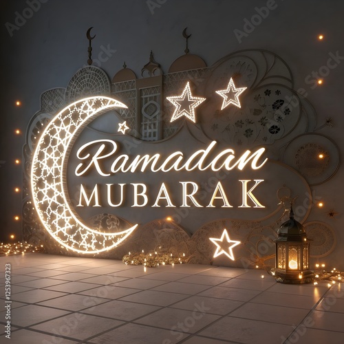 Ramadan Kareem translate generous Ramadan Background with Mosque and hanging lantern lamp for Muslim Community Celebration.