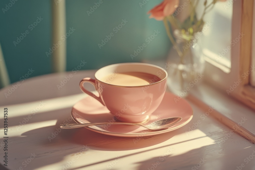 Obraz premium A soft morning glow illuminates a pink teacup on a white table, exuding warmth and tranquility.