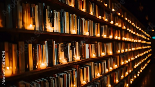 Bookcases Filled With Books And Candles Lit At Night