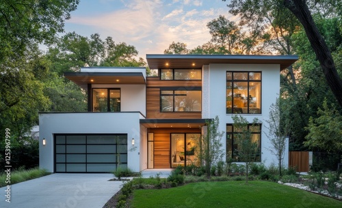 Modern House Exterior at Dusk in Suburban Setting photo