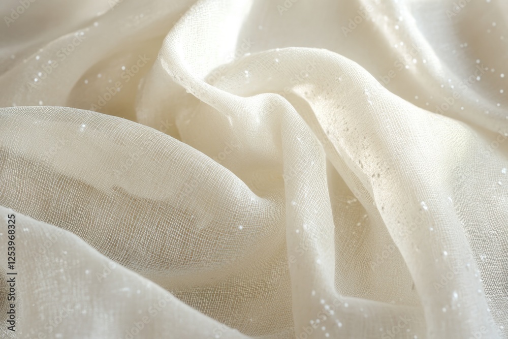 This image showcases a soft, airy white sheer fabric delicately embellished with sparkling elements, conveying an ethereal quality ideal for bridal and elegant decor themes. This image showcases a soft, airy white sheer fabric delicately embellished with sparkling elements, conveying an ethereal quality ideal for bridal and elegant decor themes.