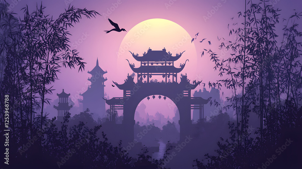 Obraz premium Ancient city silhouette background, purple gradient sky, flat vector illustration style