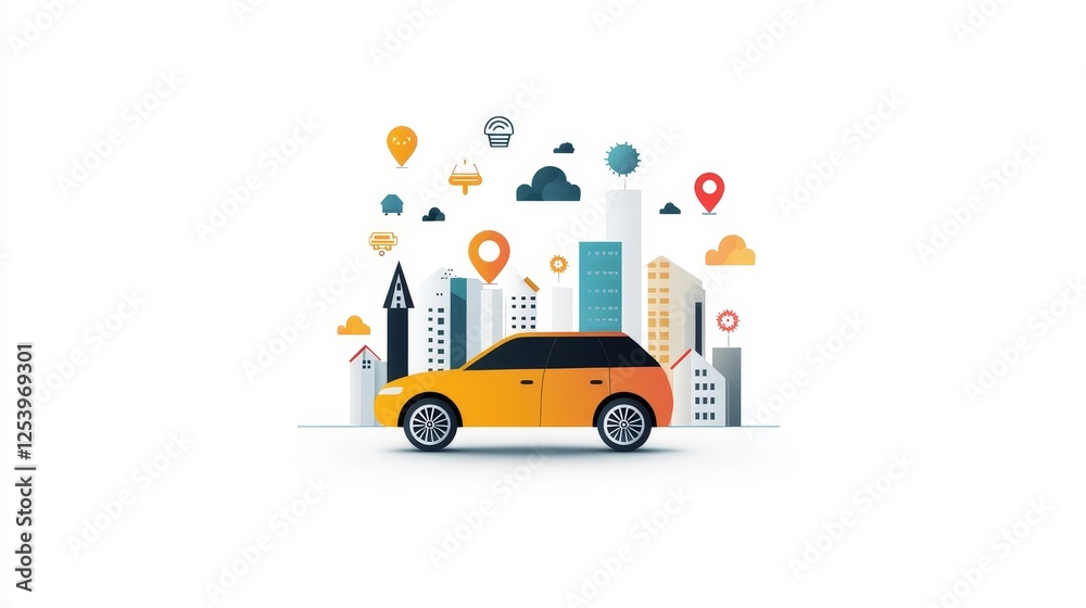 Fototapeta premium Colorful Illustration of a Yellow Car in a Cityscape with Various Navigation Icons and Vibrant Clouds, Representing Urban Transportation Concepts and Modern Mobility