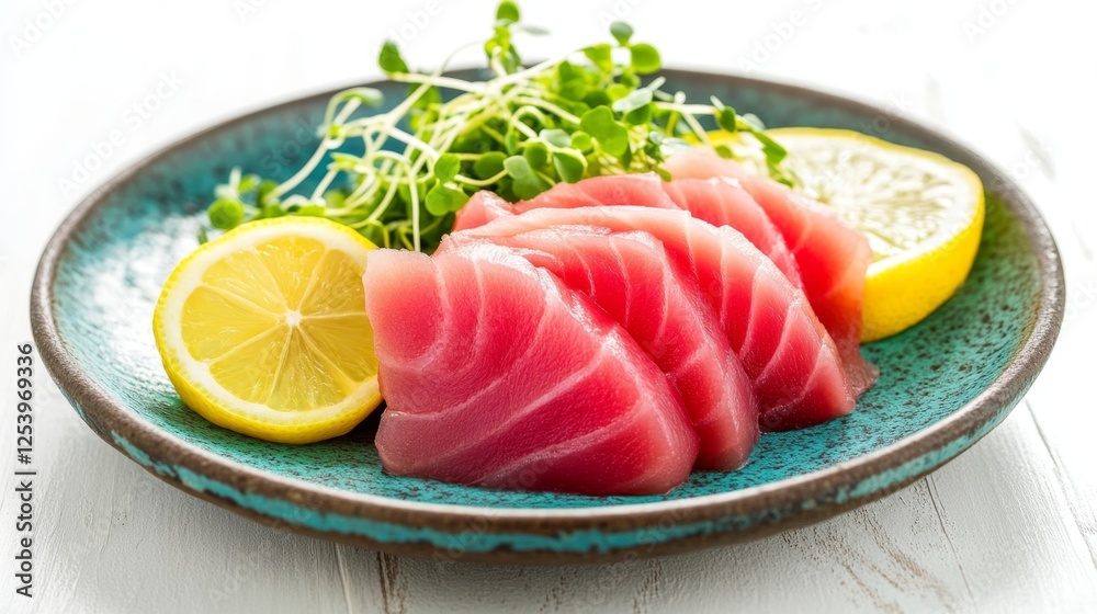 A macro shot of tuna and yellowtail sashimi on a textured turquoise plate, with thin lemon slices and microgreens. A macro shot of tuna and yellowtail sashimi on a textured turquoise plate, with thin lemon slices and microgreens.