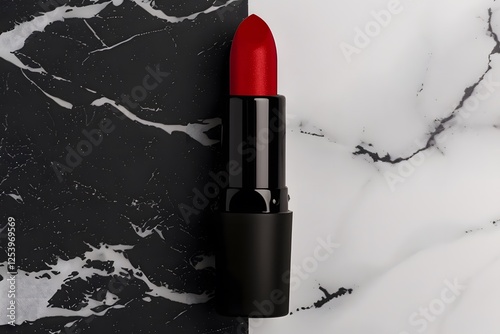 Red lipstick standing on black marble background. Close-up front view. Cosmetic product photography for beauty and makeup design

 photo