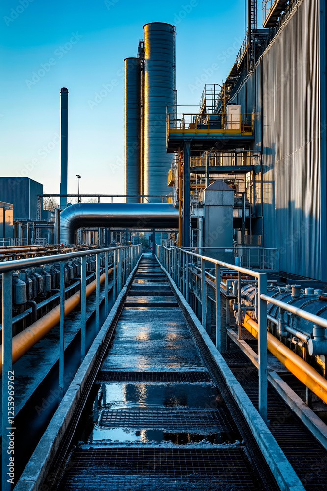 A view of a large industrial plant with pipes and pipes in the foreground A view of a large industrial plant with pipes and pipes in the foreground