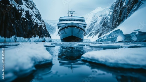 A large ship is in the water near a mountain range. The water is frozen and the ship is surrounded by ice