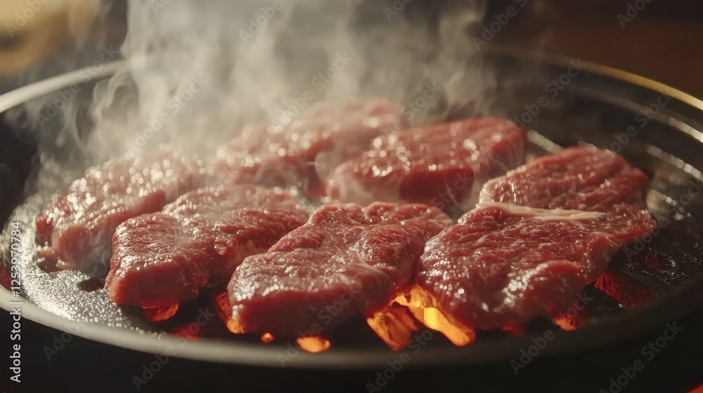 A sizzling yakiniku grill with marbled wagyu beef slices cooking over red-hot charcoal, juices dripping onto the flames. A sizzling yakiniku grill with marbled wagyu beef slices cooking over red-hot charcoal, juices dripping onto the flames.