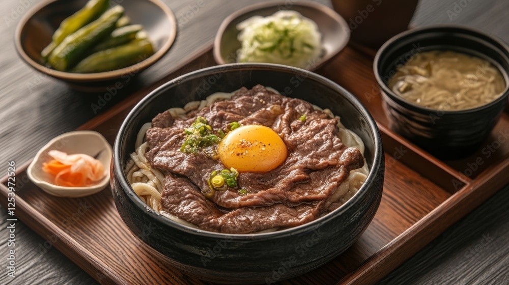 A traditional Japanese meal setup with a bowl of gyudon, miso soup, and a small plate of pickles on a wooden tray. A traditional Japanese meal setup with a bowl of gyudon, miso soup, and a small plate of pickles on a wooden tray.