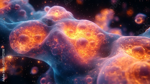 A closeup view of glowing molecular clusters illustrating the complexity of microscopic worlds