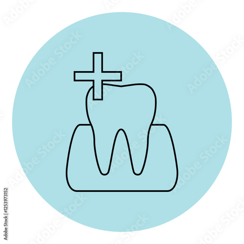 Sticker of tooth treatment cured, plus sign.