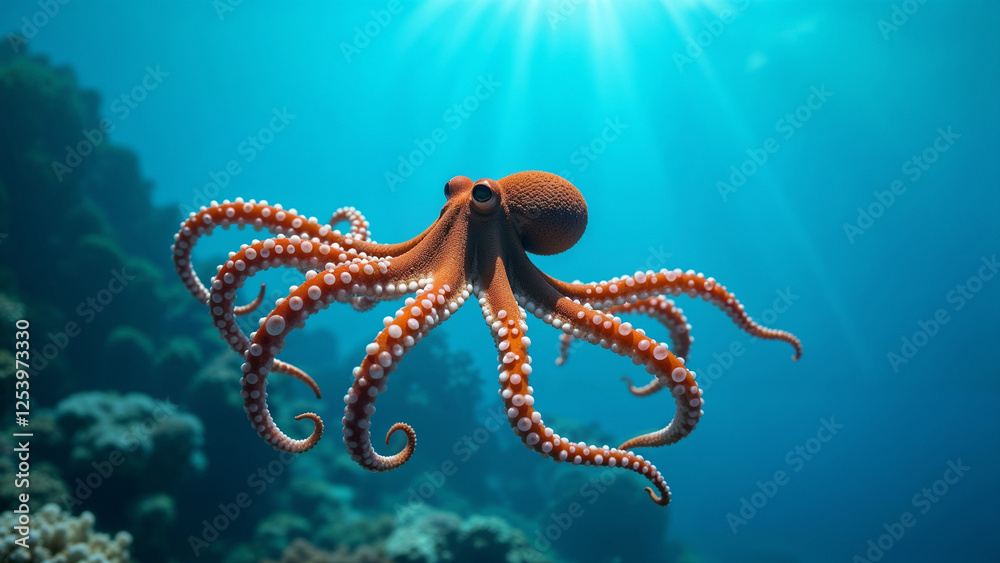 Naklejka premium An octopus swims gracefully in the clear waters of the ocean
