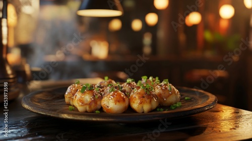 A warm, inviting restaurant ambiance with takoyaki served on a rustic wooden plate, garnished with green onions.