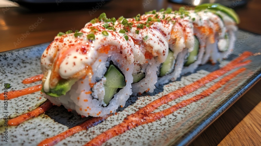 A zoom-in of a perfect California roll, showcasing vibrant crab meat, cucumber, and creamy avocado. A zoom-in of a perfect California roll, showcasing vibrant crab meat, cucumber, and creamy avocado.