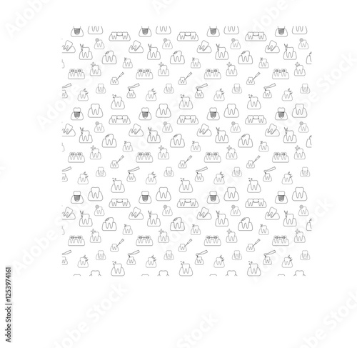 Background of black and white teeth icons representing different dental diseases and treatments. Icons represent healthy teeth, tooth decay, tooth decay, braces, extractions, fillings, implants, gum d