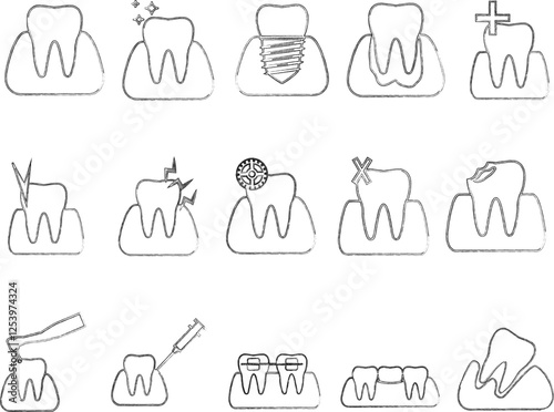This is a collection of black and white teeth icons representing various dental diseases and treatments. Icons represent healthy teeth, tooth decay, tooth decay, braces, extractions, fillings, implan