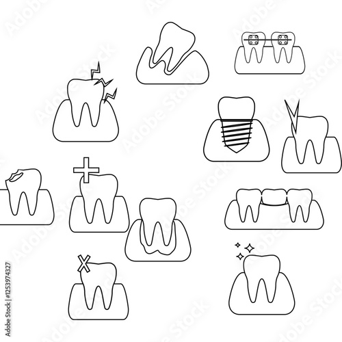 This is a collection of black and white teeth icons representing various dental diseases and treatments. Icons represent healthy teeth, tooth decay, tooth decay, braces, extractions, fillings, implan