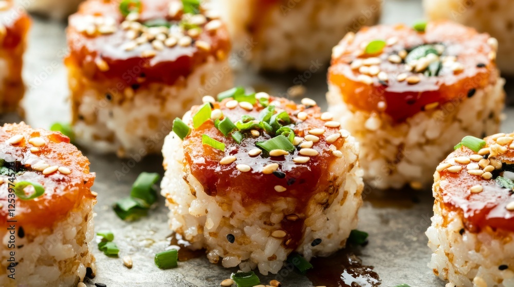 Close-up of crispy rice sushi topped with spicy tuna, drizzled with eel sauce and sprinkled with sesame. Close-up of crispy rice sushi topped with spicy tuna, drizzled with eel sauce and sprinkled with sesame.