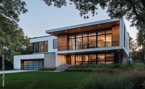 Modern house exterior at twilight, lush landscaping, neighborhood backdrop photo