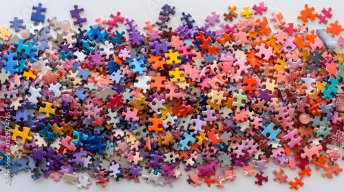 Large group of colorful jigsaw puzzle pieces scattered on white surface. Flat lay composition. Play and brain training concept for educational design

