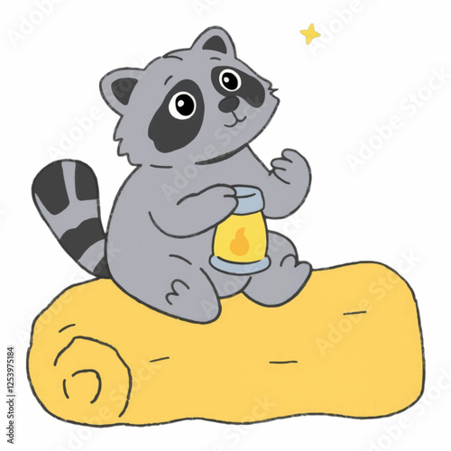 Illustration of a Raccoon Sitting on a Wooden Log with a Lantern, Perfect for Forest and Wildlife Designs