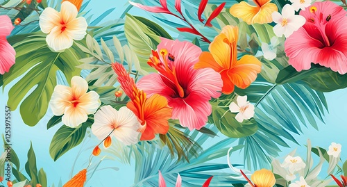 Bright and colorful floral pattern with tropical flowers